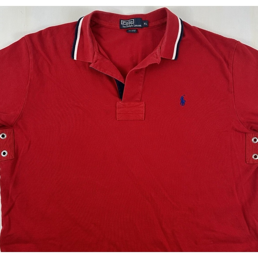 Vtg Ralph Lauren Mens XL Polo Shirt Red Navy Blue Pony Rugby Golf Short Sleeve - Picture 1 of 13